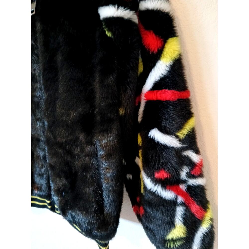 Heurueh Real People Faux Fur Bomber Jacket Black Designer Graffiti Back - Picture 7 of 8